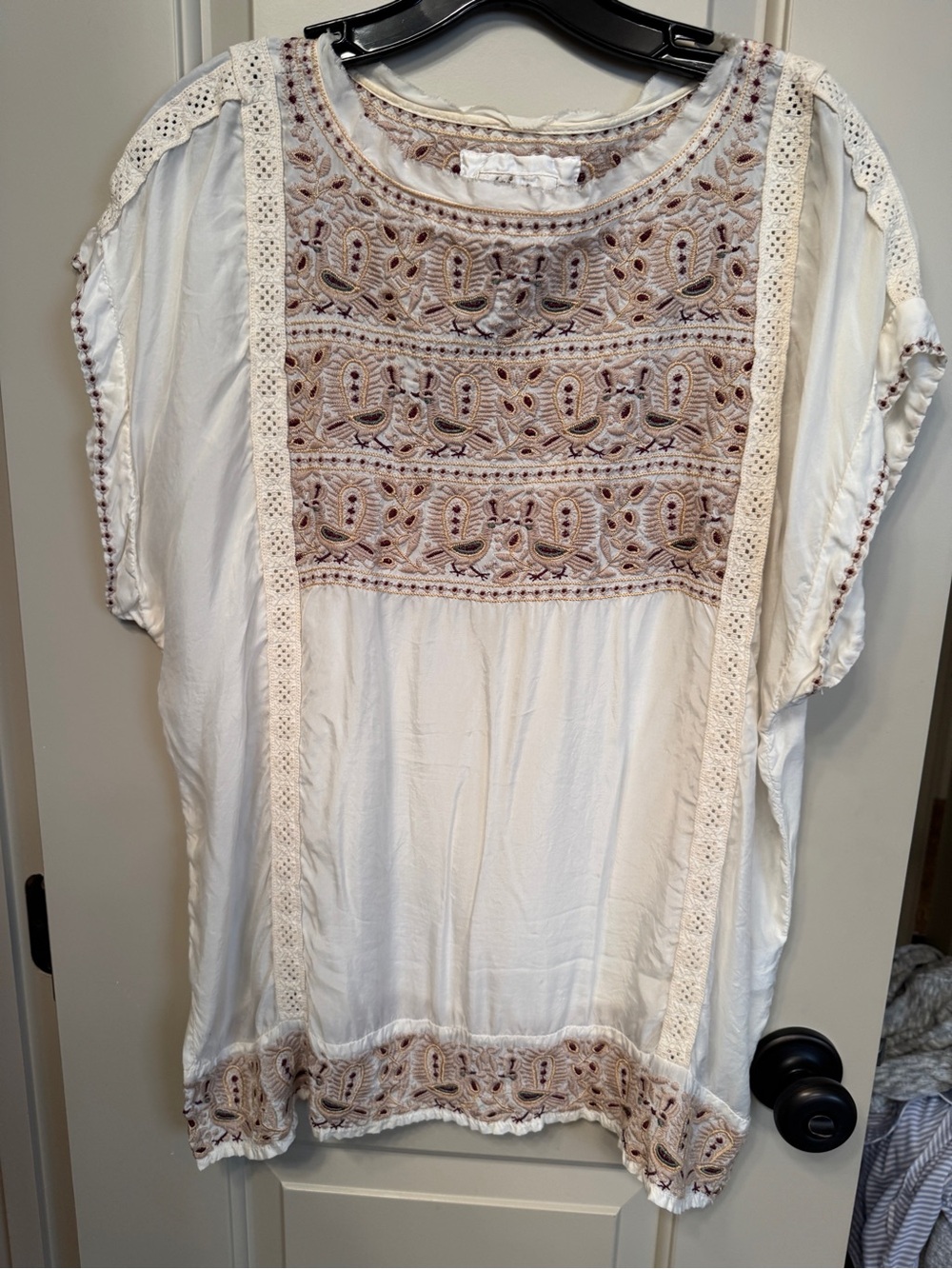 Johnny Was Boho Embroidered White Cotton Tunic Top